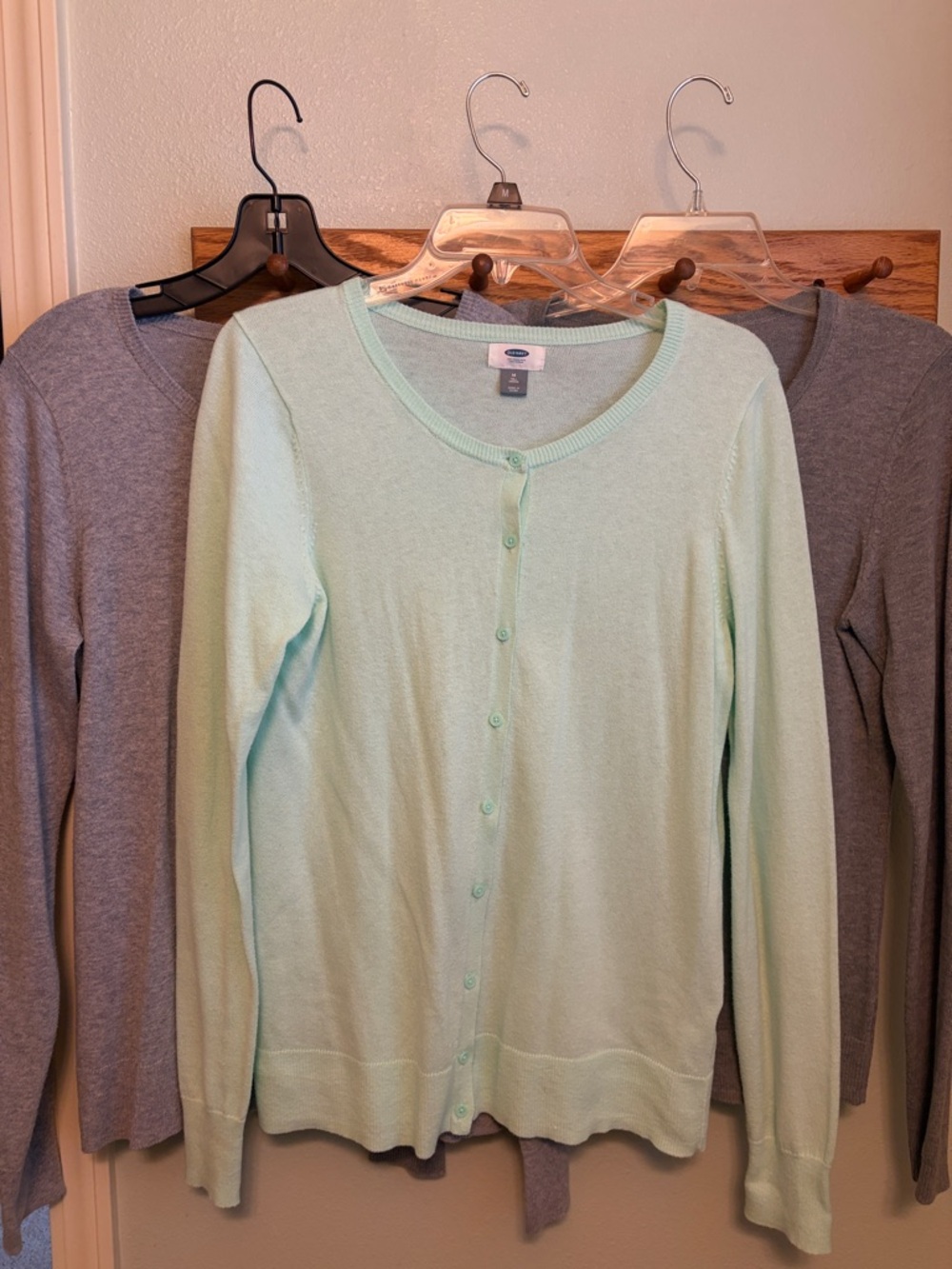 3 Button-Up Cardigans, Mint Green, Gray and a Darker Gray, all Medium Tall